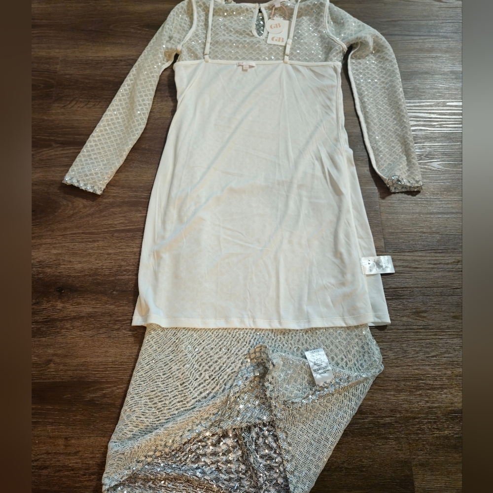 Gianni Bini Silver Sequin Mesh Lattice Long Sleeve Midi Dress Size L NWT - Picture 11 of 12